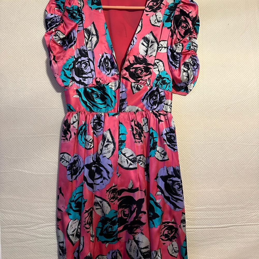 Betsey Johnson Pink and Blue Floral Rouched Sleeve Dress (10)